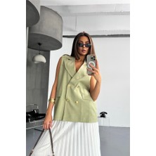 Buğrahayalin Gold Düğmeli Keten Yelek - Yeşil