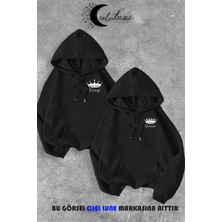 NEVERMIND Sevgili Çift Kombin King And Queen Baskılı Özel Tasarım Kapüşonlu Sweatshirt 2li Set Takım
