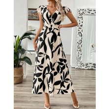 Buğrahayalin Kadın Kısa Kelebek Kollu Kruvaze Yaka Desenli Süprem Elbise