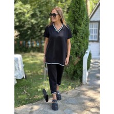 Eccey Butik Kadın Kısa Kollu V Yakalı Iki Iplik Bluz ve Pantolon Ikili Takım