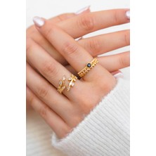 Trend Collection Gold Yaprak Taşlı & Siyah Taşlı Modern Yüzük Seti (2’li) - Ayarlanabilir