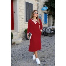 Eccey Butik Kadın Uzun Kollu V Yakalı Yandan Yırtmaçlı Iki Iplik Midi Elbise