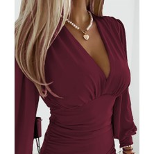 Eccey Butik Kadın Uzun Kollu Derin V Yakalı Önden Büzgülü Sandy Bluz