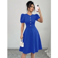 Eccey Butik Kadın Kısa Kollu Bisiklet Yaka Önden Düğmeli Ithal Krep Elbise