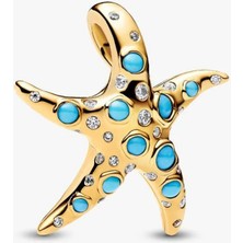 Lines Bijuteri Gold Renk Işıltılı Mavi Denizyıldızı Sallantılı Charm S925