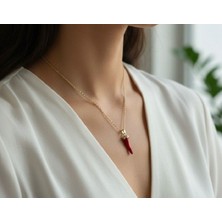 LUXMON Kırmızı Çelik Biber Şans Kolyesi Unisex Altın Renk Zincir