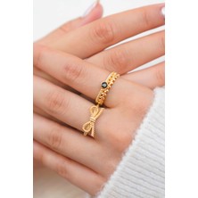 Trend Collection Altın Kaplama Fiyonk Model & Siyah Taşlı Zincir Yüzük Seti (2’li) - Ayarlanabilir