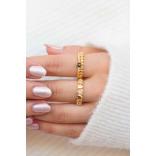 Trend Collection Altın Kaplama Kalpli Taşlı + Siyah Taşlı Modern Yüzük Seti - Ayarlanabilir (2'li)