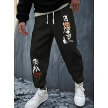 Amor Man Büyük Beden Özel Tasarım Kuru Kafa Yıldız Baskılı Kışlık %100 Pamuk Erkek Eşofman Altı