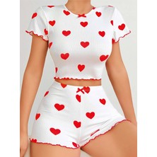 Moda Şahsenem Kadın Beyaz Kırmızı Kalp Desenli Şortlu Gecelik Takım 5023