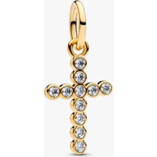 Lines Bijuteri Gold Renk Zirkon Taşlı Haç Sallantılı Charm Kolye Ucu S925