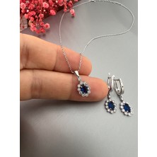 Zeta Jewel Gümüş Safir Oval Taşlı Sallantılı Küpe ve Kolye Seti-HEDİYE KUTULU