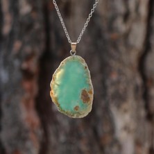 Taş Sandığı Yeşil Akik Taşı Dilim Kolye – Çelik Zincirli