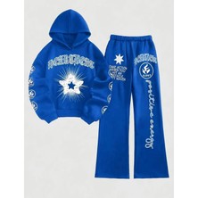 Kids Face Özel Tasarım Kapüşonlu Yıldız Graffiti Baskılı %100 Pamuk Ispanyol Paça Kışlık Kız Çocuk Eşofman Takımı