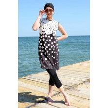 Moda Şahsenem Moda Sıfır Kol Puanlı Yarım Tesettür Mayo Siyah Peyaz Puantiye