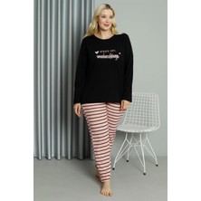 Moda Şahsenem Moda Kadın Büyük Beden Penye Uzun Kol Pijama Takım Siyah