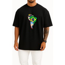Bahriyeli Collection Oversize Güney Amerika Kıtası - South America Göğüs Tasarımlı Unisex T-Shirt