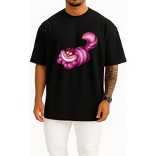 Bahriyeli Collection Oversize Alice Harikalar Diyarında Cheshire Illüstrasyon Göğüs Tasarımlı Unisex T-Shirt