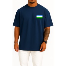 Bahriyeli Collection Oversize Flag, Uzbekistan, Flag Of Uzbekistan Cep Tasarımlı Unisex T-Shirt