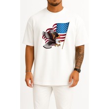 Bahriyeli Collection Oversize Flag Of United States And Eagle Göğüs Tasarımlı Unisex T-Shirt