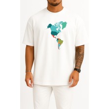 Bahriyeli Collection Oversize Amerika Kıtası Haritası Göğüs Tasarımlı Unisex T-Shirt