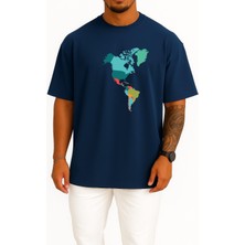 Bahriyeli Collection Oversize Amerika Kıtası Haritası Göğüs Tasarımlı Unisex T-Shirt