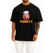 Bahriyeli Collection Oversize Porky's Lechon Barbecue Domuz Göğüs Tasarımlı Unisex T-Shirt