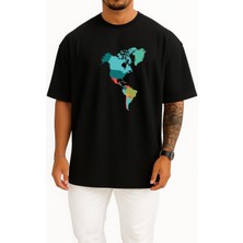 Bahriyeli Collection Oversize Amerika Kıtası Haritası Göğüs Tasarımlı Unisex T-Shirt