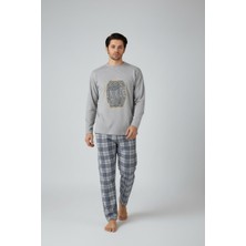 Lukitus Uzun Kol Sıfır Yaka Pamuklu Erkek Pijama Takımı
