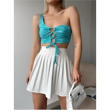 Mamayaga Kadın Tek Omuz Önden Bağlamalı Tasarım Spor Şık Mavi Crop Top