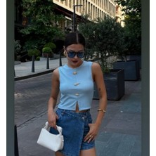 Mamayaga Kadın Bisiklet Yaka Önü Tokalı Kolsuz Spor Şık Crop Boy Bluz