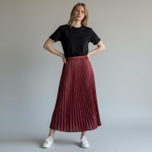 Eren Style Deri Görünümlü Taş Detaylı Pileli Pamuklu Dokuma Viskon 4 Mevsim Etek(95 Cm)-(38-50)