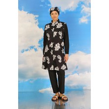 Moda Şahsenem Moda Kadın Pantolonlu Desenli Tam Tesettür Mayo Siyah