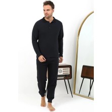 Moda Şahsenem Moda Erkek Polo Yaka Uzun Kol Penye Pijama Takımı Lacivert