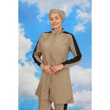 Moda Şahsenem Moda Kadın Pantolonlu Kolu Şeritli Tam Tesettür Mayo Bej