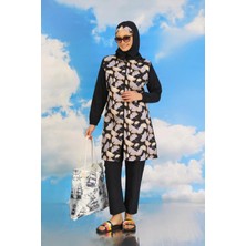 Moda Şahsenem Moda Kadın Pantolonlu Desenli Tam Tesettür Mayo Lacivert