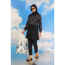 Moda Şahsenem Moda Kadın Pantolonlu Desenli Tam Tesettür Mayo Lacivert