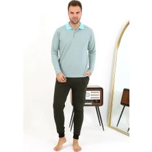 Moda Şahsenem Moda Erkek Polo Yaka Uzun Kol Penye Pijama Takımı Su Yeşili