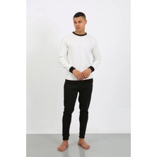 Moda Şahsenem Moda Erkek Uzun Kol Manşetli Paça Penye Pijama Takımı Beyaz