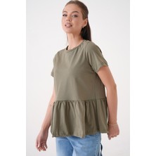 Mamayaga Kadın Bisiklet Yaka Yarım Kol Eteği Pileli Spor Şık Örme Rahat Kalıp Yazlık Bluz