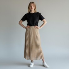 Eren Style Deri Görünümlü Kelebek ve Taş Detaylı Pileli Pamuklu Dokuma Viskon 4 Mevsim Etek(95 Cm)-(38-50)