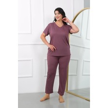 Moda Şahsenem Moda Kadın Büyük Beden Kısa Kol Penye Pijama Takımı Mürdüm