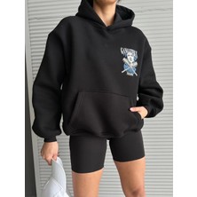 Pazarella 3 Iplik Şardonlu Oversize Kafa Baskılı Sweat Siyah