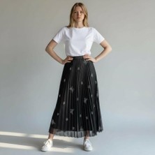 Eren Style Deri Görünümlü Kelebek ve Taş Detaylı Pileli Pamuklu Dokuma Viskon 4 Mevsim Etek(95 Cm)-(38-50)