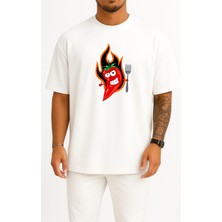 Bahriyeli Collection Oversize Kırmızı Acı Biber Logosu Göğüs Tasarımlı Unisex T-Shirt
