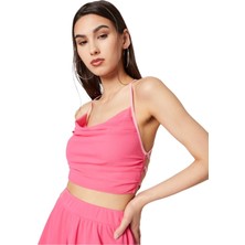 Mamayaga Kadın Sırtı Açık Bağlamalı Tül Degaje Yaka Spor Şık Tasarım Pembe Croptop Büstiyer