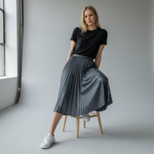 Eren Style Deri Görünümlü Pileli Pamuklu Dokuma Viskon 4 Mevsim Etek(95 Cm)-(38-48)
