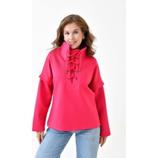 Mamayaga Kadın Yakası Bağcıklı Scuba Oversize Spor Şık Tasarım Sweatshirt