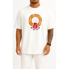 Bahriyeli Collection Oversize Simit ve Çay Türk Kahvaltısı Göğüs Tasarımlı Unisex T-Shirt