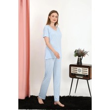 Moda Şahsenem Moda Kadın Kısa Kol Pamuk Penye Pijama Takım Mavi